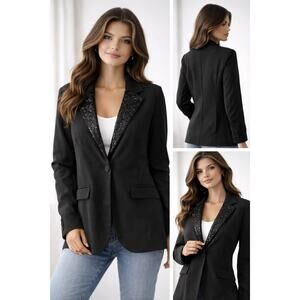 Sweet Rain Black Blazer Sequin Lapel One Button Jacket Size Large